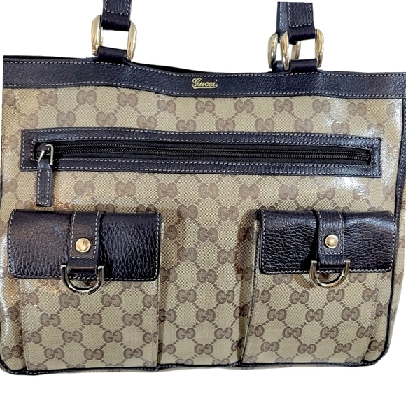 Gucci Abbey Brown & Beige Crystal Wax Canvas Monogram Pocket Tote - Picture 4 of 14